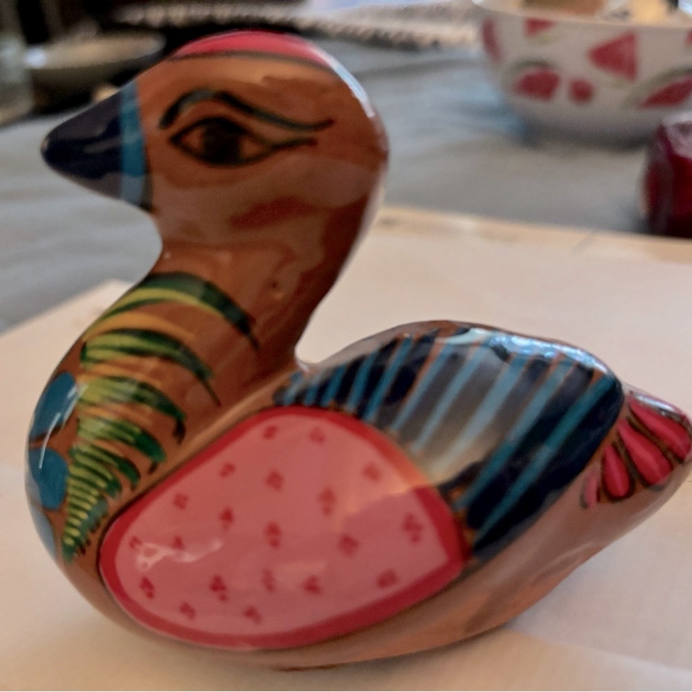 Vintage Mexican Tonala folk art Handpainted pottery duck figurine